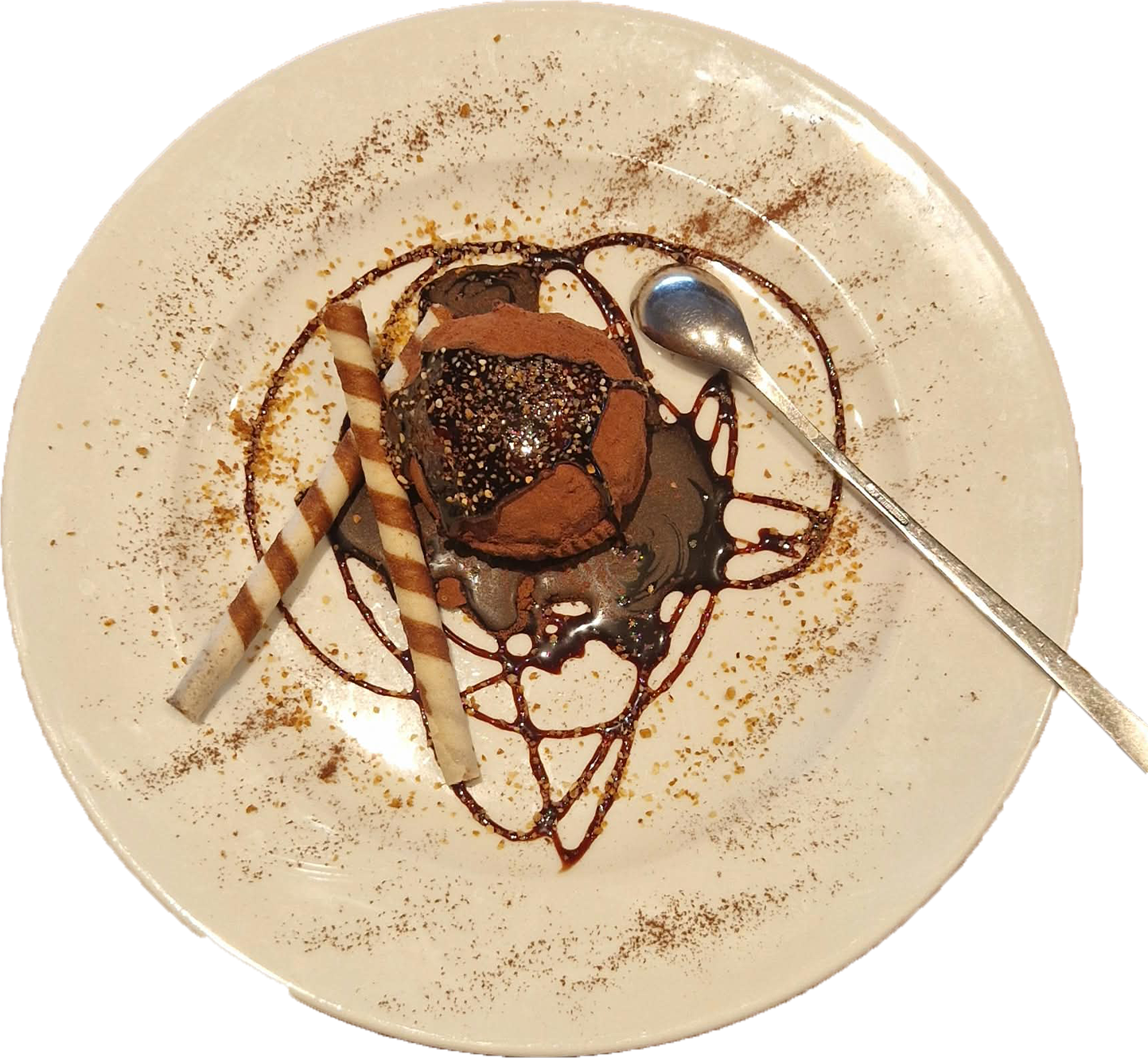 Schokoladeneis mit Waffelröllchen und Schokosauce