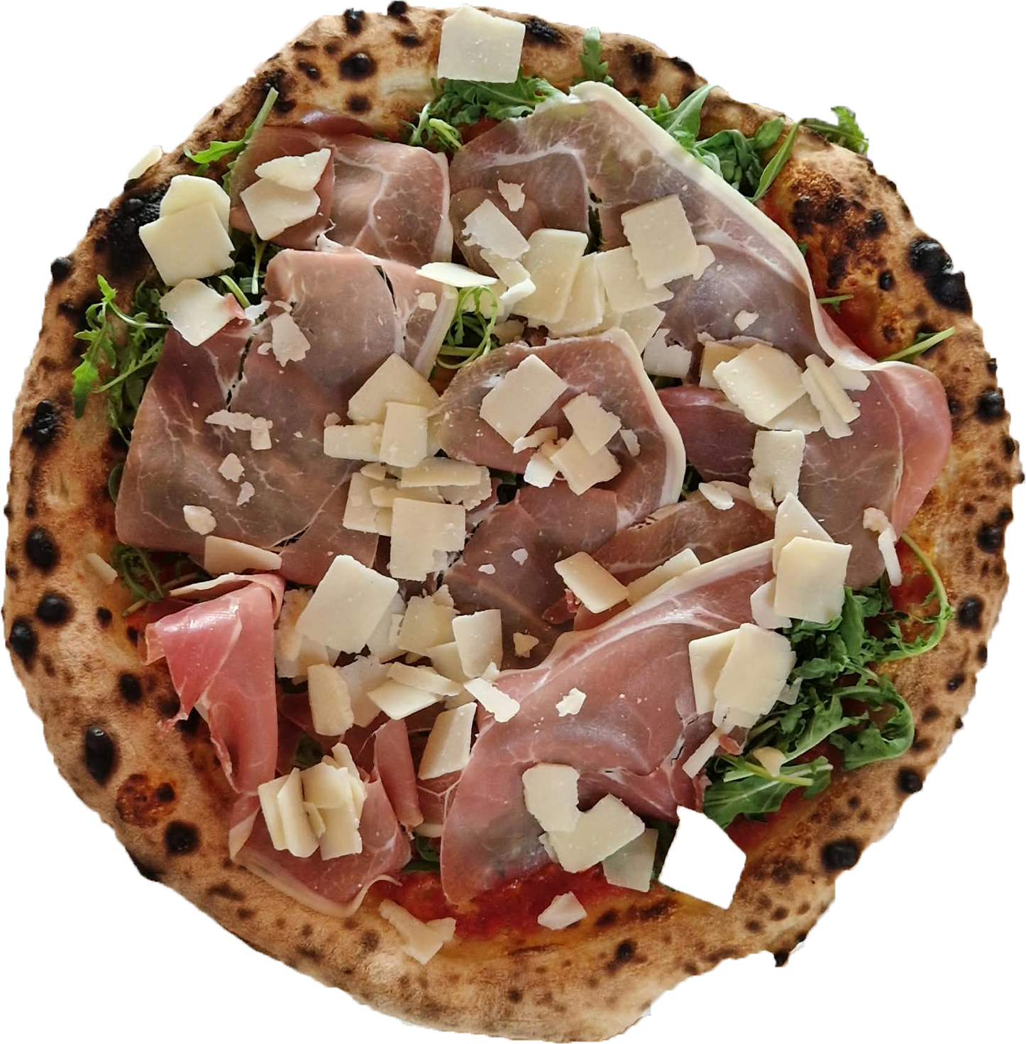 Pizza mit Schinken, Rucola und Parmesanspänen