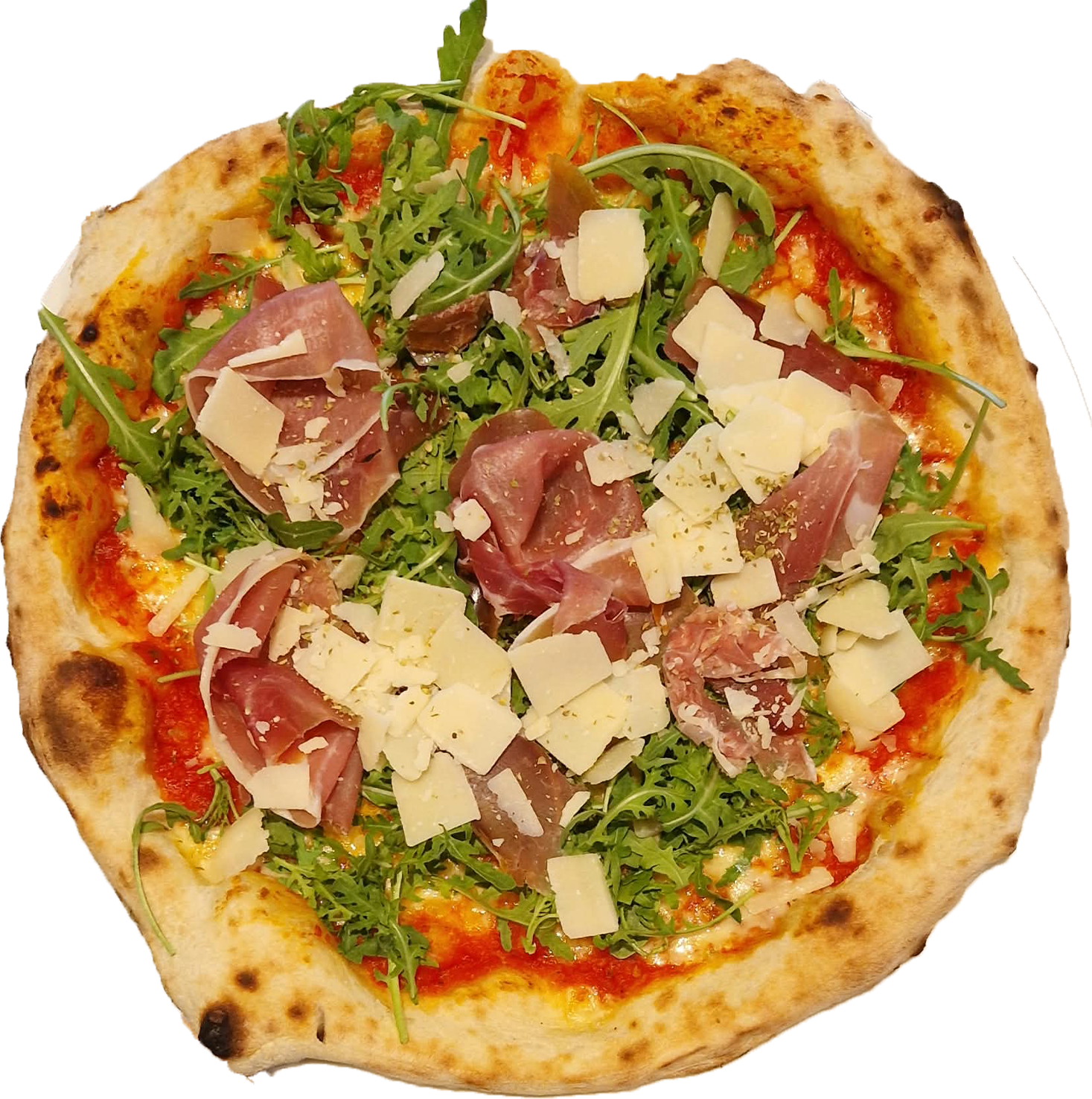 Pizza mit Rucola, Schinken und Parmesan