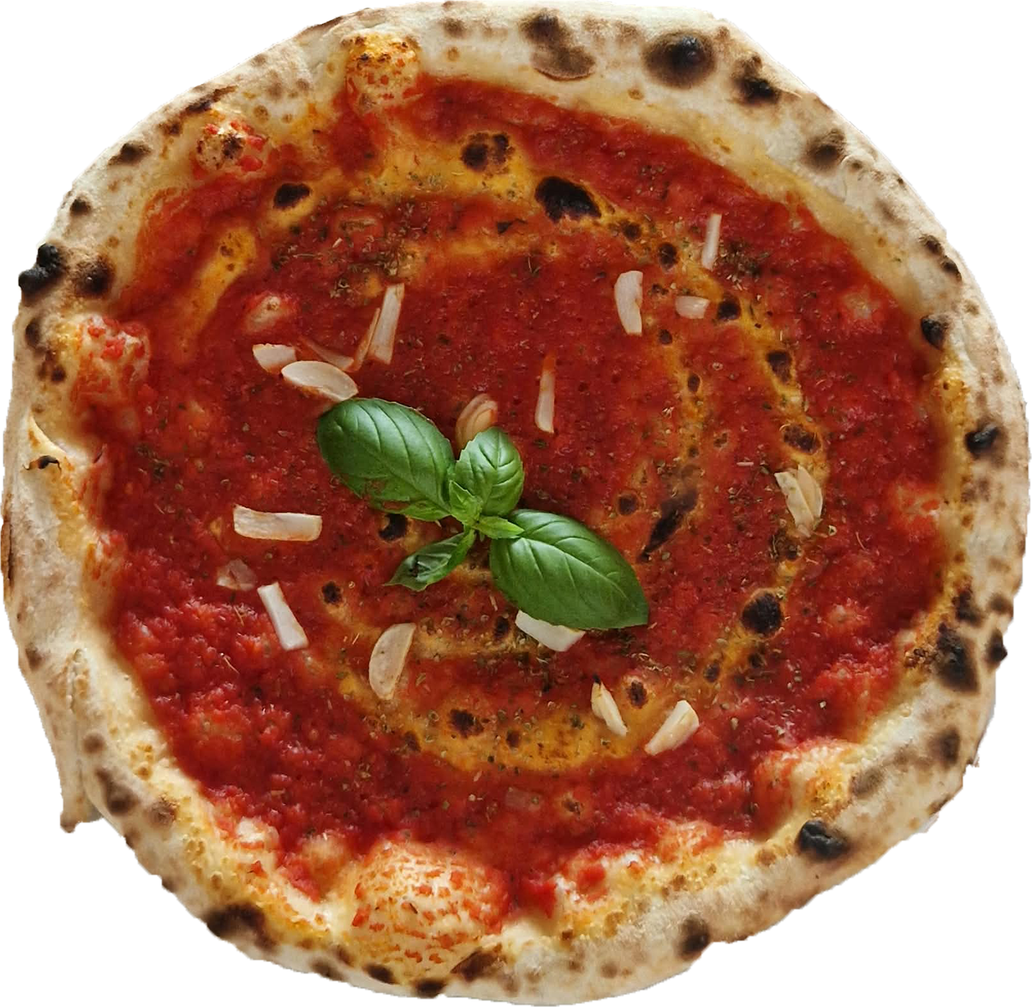 Pizza Marinara mit Basilikum und Knoblauch